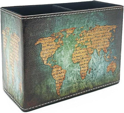 Pen Holder, Rectangle Vintage Pencil Holder with 2 Compartments, PU Leather Art Remote Control Holder Organizer Storage for Desk Accessory (World Map)