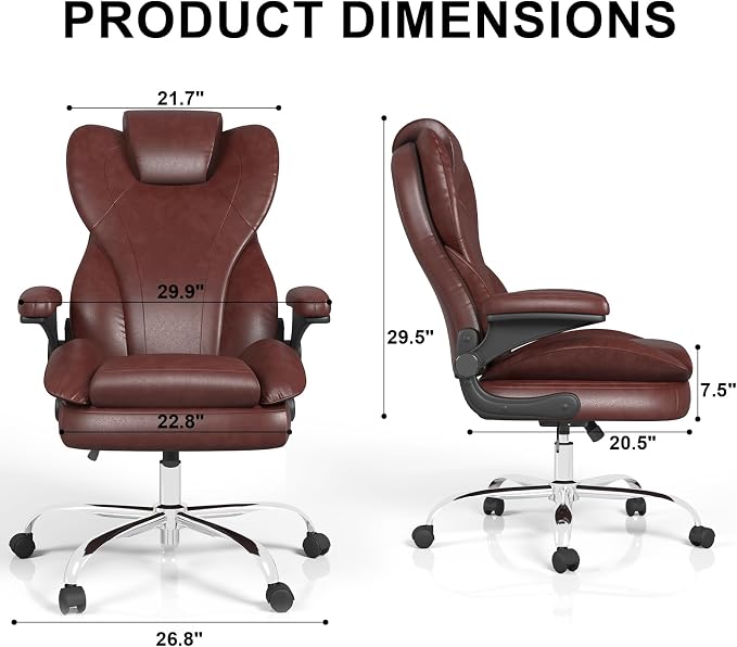 Office Chair, Home Desk Chair, Ergonomic Computer Chair with Lumbar Support, Executive Leather Chair with Flip-Up Armrests, Big and Tall Swivel Rolling Chair, Brown