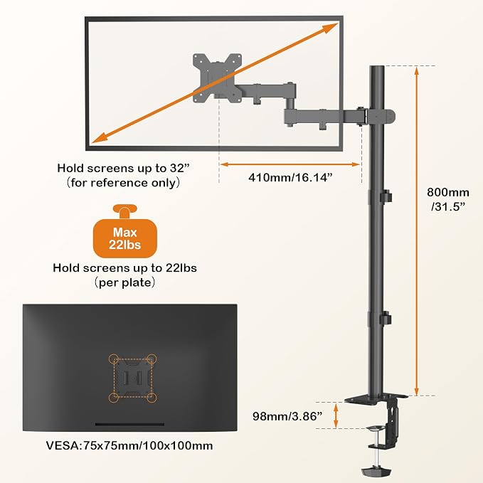 Bracwiser Single Fully Adjustable Standing Height Monitor Arm Stand Mount 800mm Tall for Monitor Computer Screen 13 15 17 19 20 22 23 24 26 27 30 32 inch VESA 75 100 (MD7821)