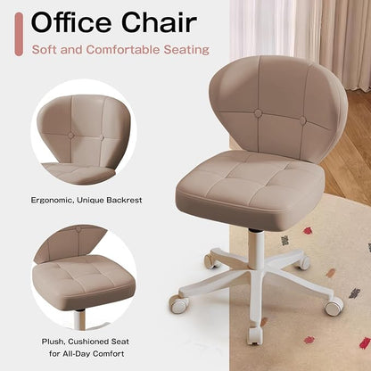 Small Office Chair with Lumbar Support, PU Leather Armless Swivel Desk Chair Adjustable Height, Compact Rolling Chair for Home Office, Bedroom, Study Khaki