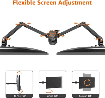 Amazon Basics Adjustable Dual Monitor Desk Mount, Supports up to 32 inch Monitors and 22 lbs per Arm, Adjustable Tension, VESA 75x75/100x100, Black
