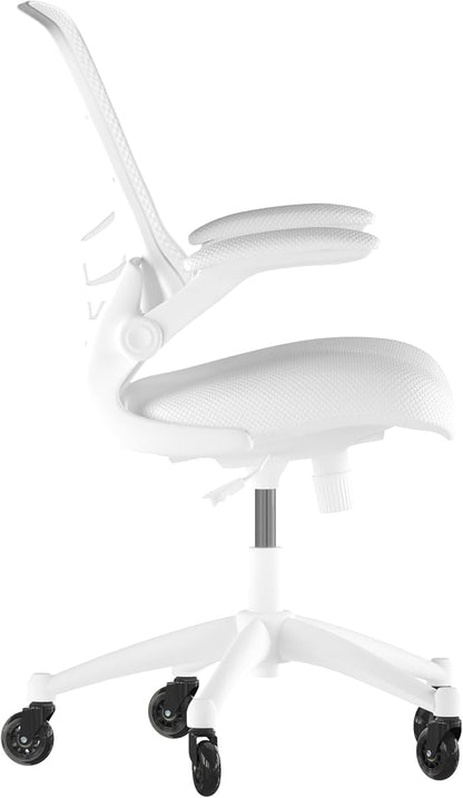Flash Furniture Kelista Mid-Back White Mesh Swivel Ergonomic Task Office Chair with White Frame, Flip-Up Arms, and Transparent Roller Wheels