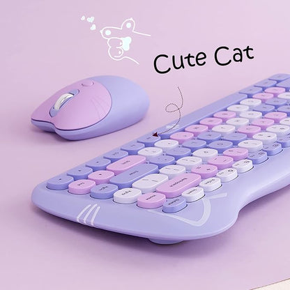 Cute Cat 2.4G USB Wireless Keyboard and Mouse Combo, Silent Keys, Candy Colors, Compatible with Notebook, PC (Purple-84Keys)