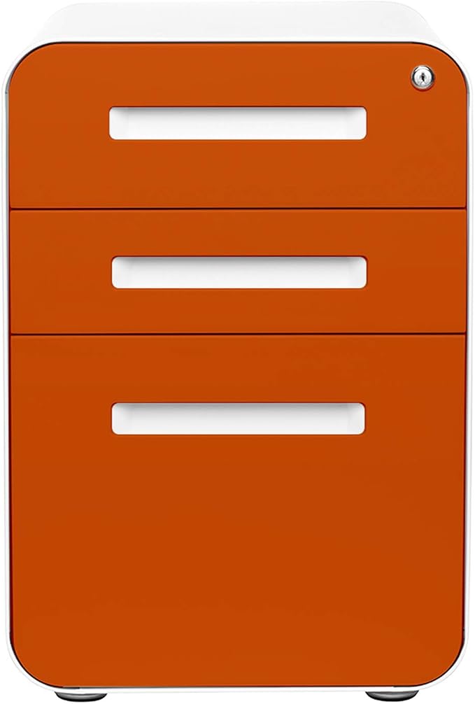 Laura Davidson Furniture Stockpile 3 Drawer File Cabinet with Lock - Under Office Desk Metal Filing Cabinet, Legal/Letter File Folders, Wheels and Stationary Feet, Pre-Assembled, Orange Faceplate