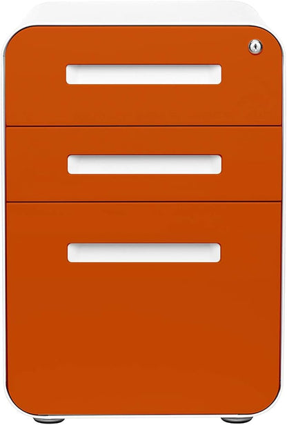 Laura Davidson Furniture Stockpile 3 Drawer File Cabinet with Lock - Under Office Desk Metal Filing Cabinet, Legal/Letter File Folders, Wheels and Stationary Feet, Pre-Assembled, Orange Faceplate