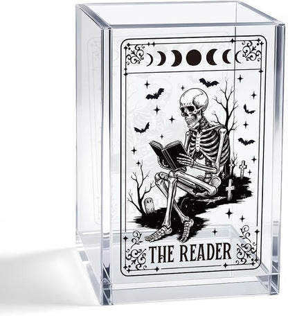 The Reader Acrylic Cosmetic Pencil Pen Holder Cup, Funny Bookworm Skeleton Theme Gifts for Bookworm Book Lover Reader Book Club Member College Student, Thank You Gifts for Librarian Teacher