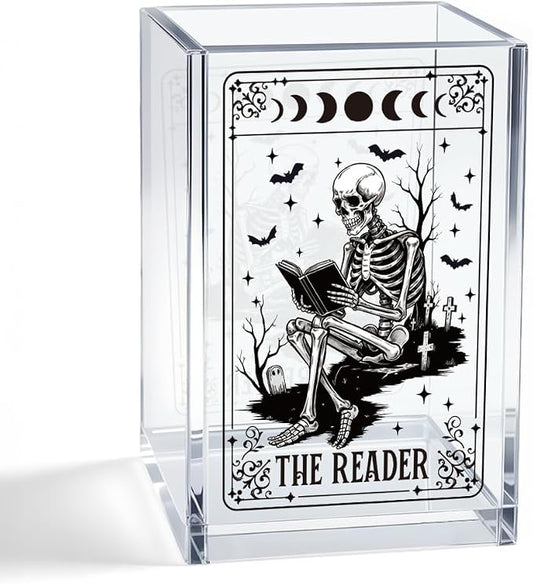 The Reader Acrylic Cosmetic Pencil Pen Holder Cup, Funny Bookworm Skeleton Theme Gifts for Bookworm Book Lover Reader Book Club Member College Student, Thank You Gifts for Librarian Teacher
