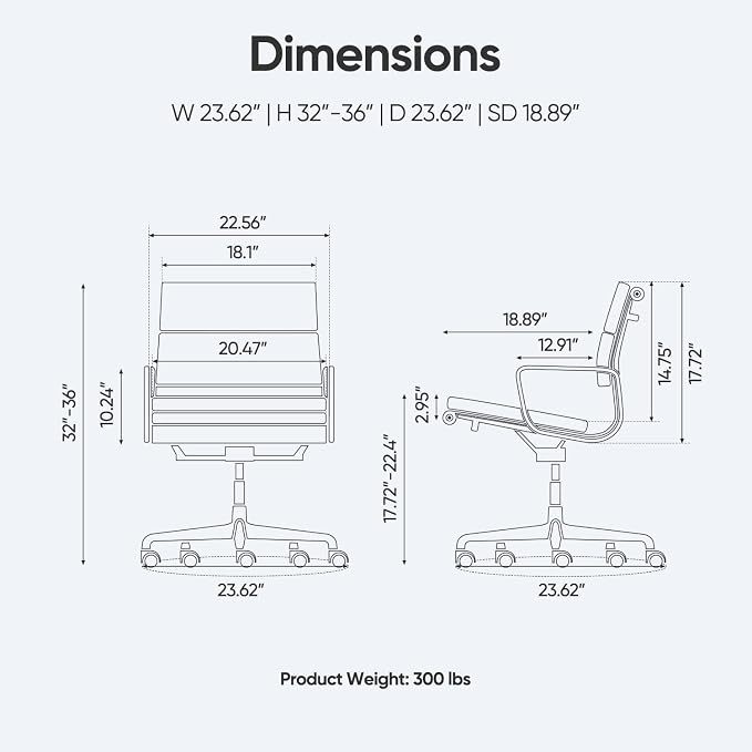 Mid-Back Executive Genuine Leather Office Chair, with Aluminum Arms and 5-Star Base, Modern Rolling Desk Chair with Silent Wheels, Lumbar Support, High-Adjustable, Tilting for Home & Office