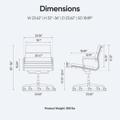 Mid-Back Executive Genuine Leather Office Chair, with Aluminum Arms and 5-Star Base, Modern Rolling Desk Chair with Silent Wheels, Lumbar Support, High-Adjustable, Tilting for Home & Office