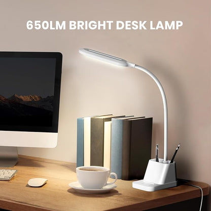 AXX White LED Desk Lamp with USB Charging Port, Flexible Gooseneck Table Light, 650LM, Phone Mount, Pen Holder, Timer Settings, Study Essentials for College Dorm Room Home Office Bedroom