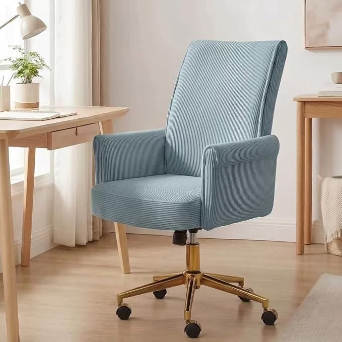 Stripes Velvet Home Office Desk Chair, Accent Upholstered Modern Height Adjustable Swivel Chair with Wheels,Ergonomic Task Chair for Living Room,Bedroom,Vanity,Study,Office（Blue）