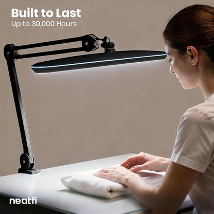 Neatfi XL 2,200 Lumens 24W LED Desk Lamp – 23” Wide Shade | Dimmable Eye-Caring Task Light | Adjustable Arm | Home Office, Study, Crafts & Nail Tech (Black, Non-CCT with Clamp)