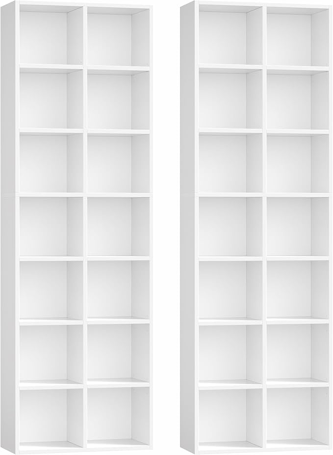 FOTOSOK 71'' Tall Bookshelf Set of 2, 7 Tier Large White Bookshelf with Adjustable Shelves, Wide Bookcases and Bookshelf, DVD/CD Media Tower Storage, Cube Book Shelf Display Shelf Cabinet, White
