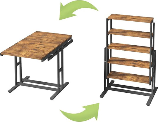 Extendable Dining Table Convertible 2 in 1 Shelf to Table with Metal Frame Industrial and Rustic Style for Small Spaces, Kitchen & Dining Room