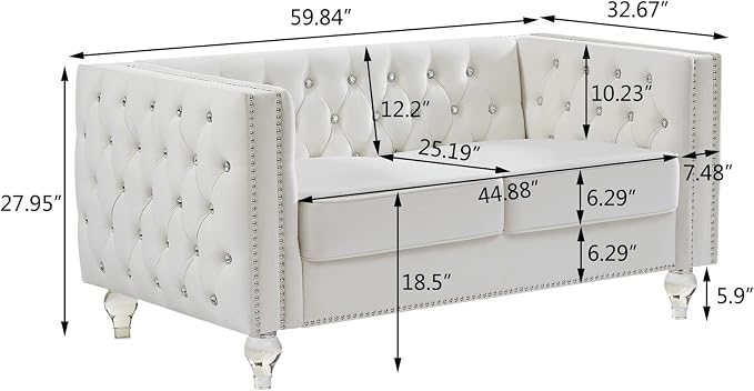 mikibama Velvet Loveseat with Buttons and Square Arms 59 Inch Tufted Sofa with Trimmed Nailhead and Acrylic Legs Loveseat Couch for Living Room,Bedroom (Beige-Crystal Legs, Loveseat)