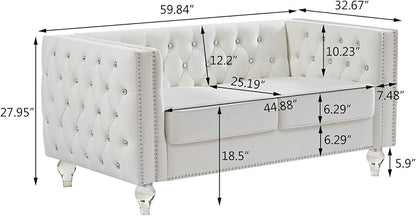 mikibama Velvet Loveseat with Buttons and Square Arms 59 Inch Tufted Sofa with Trimmed Nailhead and Acrylic Legs Loveseat Couch for Living Room,Bedroom (Beige-Crystal Legs, Loveseat)