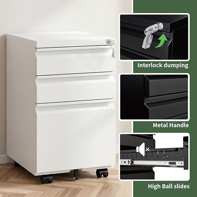 3 Drawer File Cabinet with Lock,Rolling Mobile File Cabinet with Wheels for Home Office,Under Desk Metal Filing Cabinet,Office Storage Organizer,Fully Assembled,White