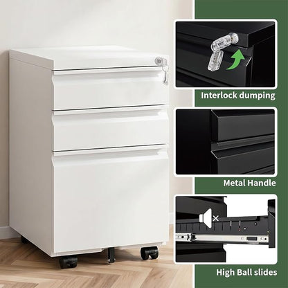 3 Drawer File Cabinet with Lock,Rolling Mobile File Cabinet with Wheels for Home Office,Under Desk Metal Filing Cabinet,Office Storage Organizer,Fully Assembled,White