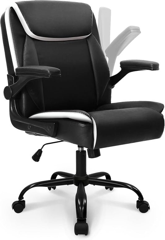 NEO CHAIR Desk Office Gaming Computer Chair Ergonomic Executive Mid-Back Leather with Adjustable Padded Flip-Up Armrests Cushion Wheels Swivel for Home Study Task (Black White)