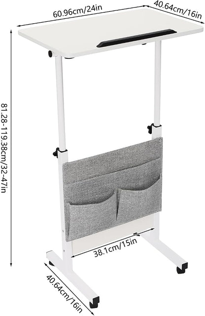 Small Mobile Standing Desk with Storage, 24" L×16" W Mobile Office Table, Rolling Laptop Table with 180° Flip, 32-47in Adjustable Height Desk for Small Spaces Home Offices