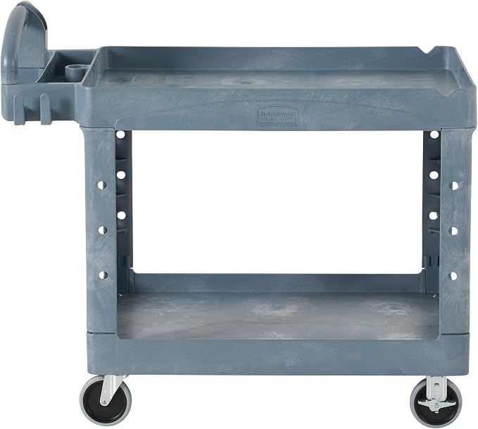 Rubbermaid Commercial Products BRUTE Heavy Duty 2-Shelf Utility/Service Cart, Medium, Lipped Shelves, Ergonomic Handle, 500 lbs. Capacity, Gray, for Warehouse/Garage/Cleaning/Maintenance/Stadiums