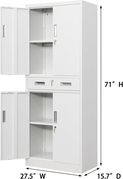 CJF 71" H Tall Metal Storage Cabinet with Drawer, Locking Garage Cabinet with 2 Adjustable Shelves, Heavy-Duty Tool File Storage Cabinets for Home Office, Kitchen, Warehouse, Shop (White)