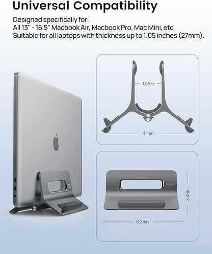 SODI Vertical Laptop Stand for Desk, Gravity Auto Lock MacBook Stand, Aluminum Laptop Holder Vertical Compatible with MacBook Pro, Air, Tablet, Space-Saving Organize Work & Home Office, Gray