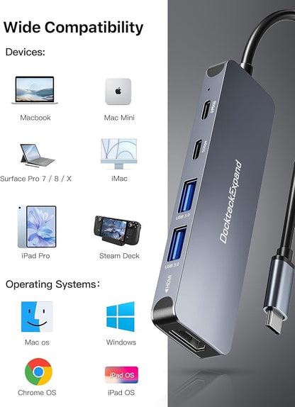 USB-C Hub, DockteckExpand USB-C to USB Adapter (5 in 1) with 4K HDMI, 100W Power Delivery, 5Gbps USB-C Data Port & 2 5Gbps USB-A Data Ports for MacBook Pro/Air, iPad Pro/Air, Dell XPS and More