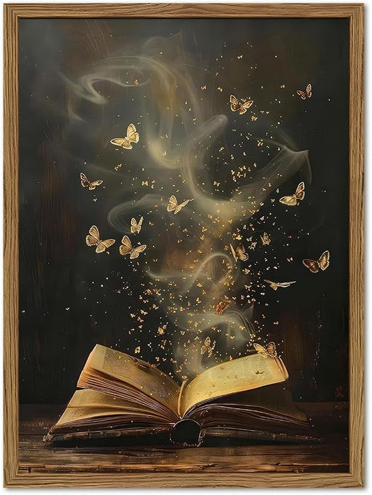 Vintage Book Butterfly Canvas Wall Art, Victorian Bookish Picture Wall Decor, Dark Academia Aesthetic Prints Paintings for Reading Nook Living Room Bedroom Office Library Bookstore 12x16 in Framed