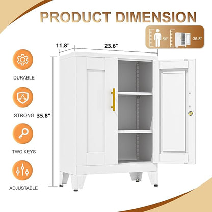 36" Metal Garage Storage Cabinet with Lock,Lockable Office File Cabinet with 2 Doors and 2 Adjustable Shelves,Outdoor Steel Locker Organizer for Home Office,Gym,School,Warehouse(White)