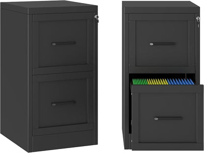 Small Metal 2-Drawer File Cabinet, Under-Desk Filing Cabinet, Black | Locking, Adjustable Hanging Rail, Fit A4, FC, Letter, Hanging File Folders for Home Office Storage Organization, 2PS