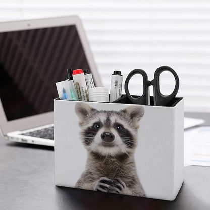 Niapessel Pencil Holder for Desk, Cute Funny Raccoon Pen Holder Storage Desktop Pen Organizer Desk Pencil Organizer Makeup Brush Holder for Office School College Leather