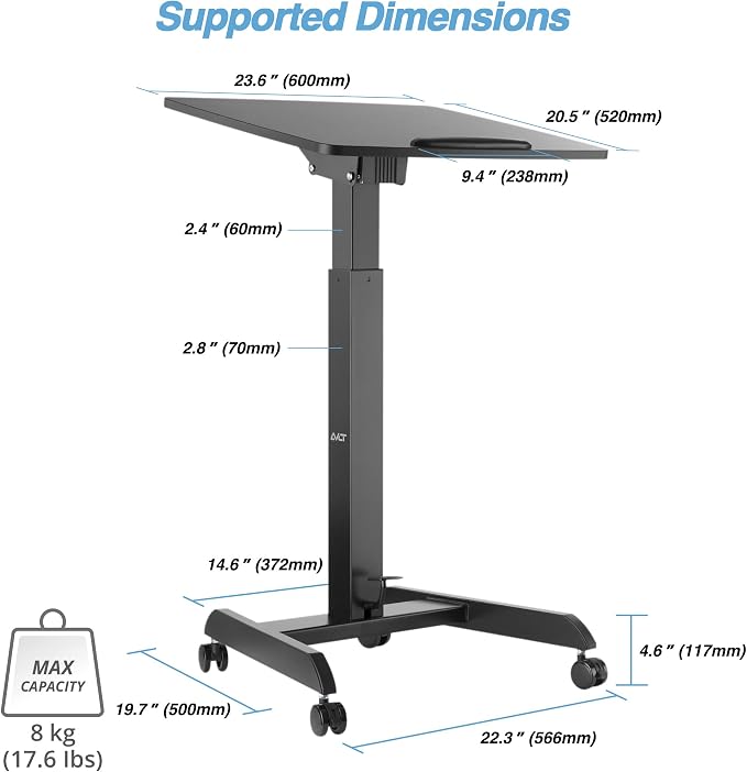 AVLT 47" Height Adjustable Mobile Workstation with Tilting Desk Black | 3 ft 11 inches - Foot Pedal Pneumatic Standing Desk Cart - Mobile Laptop Cart - Mobile Cart with Brake Casters