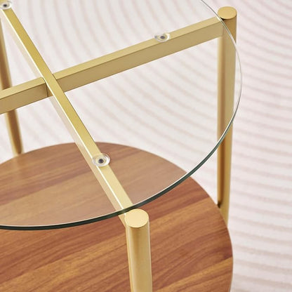 LumFurn Round Glass End Table, Mid-Century Modern Design Sofa Table for Living Room, D18 x H23, 2-Tier Structure, Clear Glass Top and Walnut Shelf, Sleek Conical Legs with Gold Finish Frame