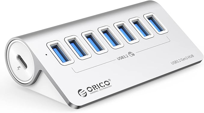 ORICO 7-Port USB 3.2 Gen2 Hub, Desktop USB 3.2 Hub with 7 USB-A Ports, 5V 3A Power Supply Port, 10Gbps Aluminium USB-Splitter with 1.64Ft USB-C to USB-A/C Cable for iMac, MacBooks, Mac mini