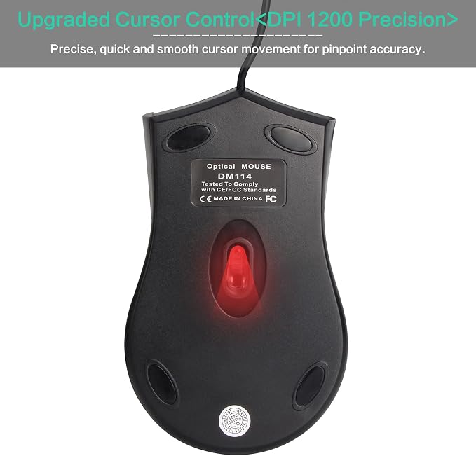 VCOM Wired USB Mouse with 6-Foot Cord, 1200 DPI, Right or Left Hand Use, Ergonomic Design, Black