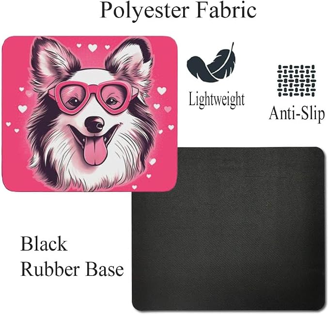 Pink Mousepad Glamour Dog Shetland Sheepdog Mouse Pad for Home Office Gaming Working Desk Computer Desktop Accessories Non-Slip Rubber Mousepad for Dog Lovers