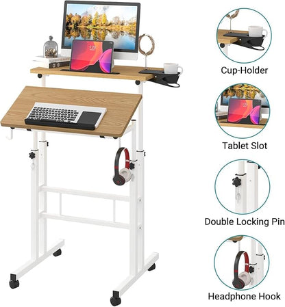 Small Standing Desk with Removable Cup Holder, Height Adjustable Mobile Laptop Stand on Wheels, Ergonomic Rolling Computer Workstation for Home Office, Portable Overbed Table for Couch & Bed, Khaki