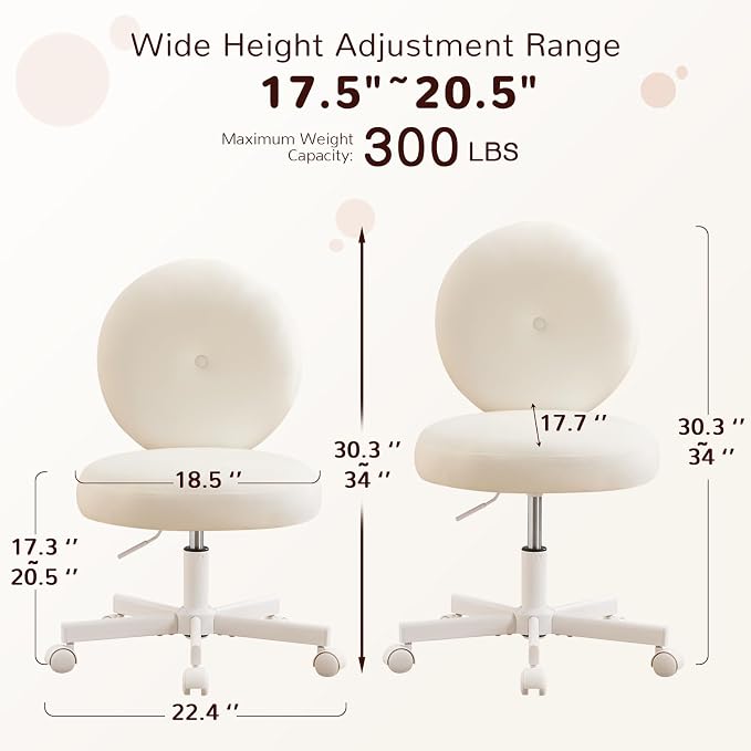 Furniliving Round Velvet Vanity Chair with Wheels, 360° Swivel Armless Desk Chair, Adjustable Height Rolling Makeup Chair for Bedroom Study Room, White