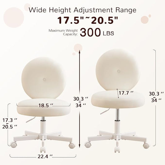 Furniliving Round Velvet Vanity Chair with Wheels, 360° Swivel Armless Desk Chair, Adjustable Height Rolling Makeup Chair for Bedroom Study Room, White