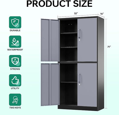 Letaya Metal Storage Cabinets with Lock Door and Shelves, Steel Garage Tool Cabinets for Home,Office, Warehouse,Lockers(71"-Black Gray)