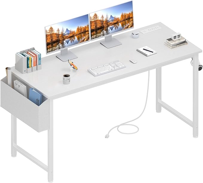 Lufeiya White Computer Desk with Power Outlet, 55 inch Teen Study Table Home Office Work Writing Gaming Desks with Charging Station Outlets Built in, White
