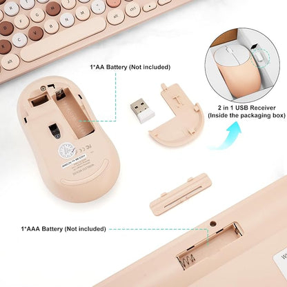 Wireless Keyboard and Mouse Combo, Retro Typewriter Keyboard with Round Keycaps, 2.4GHz USB Cute Wireless Keyboard Mouse for Computer, Desktop, Laptop (Milk Tea Colorful)