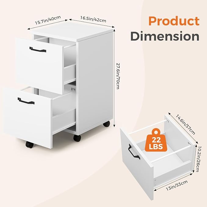 Simple Deluxe 2 Drawer Filing Cabinet, Wood Rolling Filing Cabinets with Printer Stand, Under Desk Storage Lockable Wheels, Home Office Organizer for A4 Letter Legal Size Documents,White