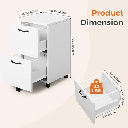2 Drawer Filing Cabinet, Wood Rolling Filing Cabinets with Printer Stand, Under Desk Storage Lockable Wheels, Home Office Organizer for A4 Letter Legal Size Documents,White