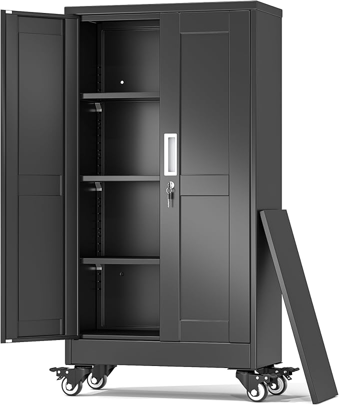 Metal Garage Storage Cabinets and storage system, 46”Tall Rolling utility cabinet with Wheels, Lock, 3 Adjustable Shelves, Heavy Duty Steel Tool Locker for Home Office, Utility Room, Gym,Black