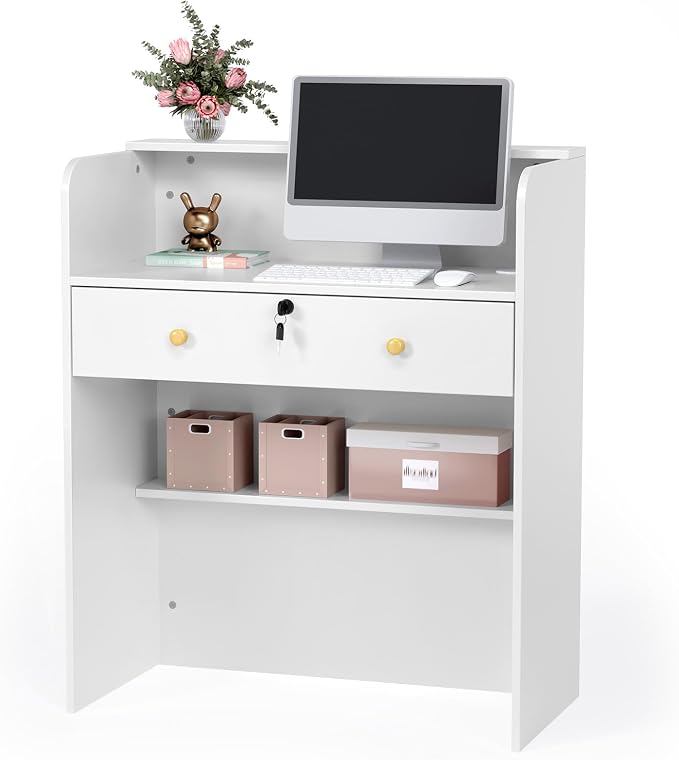 OmySalon Reception Desk with Counter, Small Front Desk w/Lockable Drawer, Wooden Modern Reception Table for Salon Lobby Office Home (White, 32)