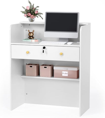 OmySalon Reception Desk with Counter, Small Front Desk w/Lockable Drawer, Wooden Modern Reception Table for Salon Lobby Office Home (White, 32)