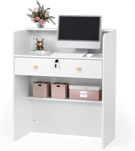 OmySalon Reception Desk with Counter, Small Front Desk w/Lockable Drawer, Wooden Modern Reception Table for Salon Lobby Office Home (White, 32)