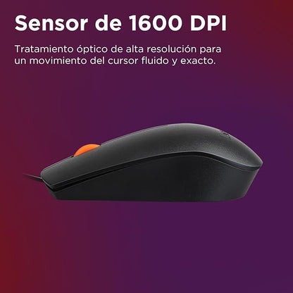Lenovo 300 USB wired computer mouse - full size optical ambidextrous with 1600 DPI, reliable USB-A connection, easy 3-button navigation – long lasting, durable, black